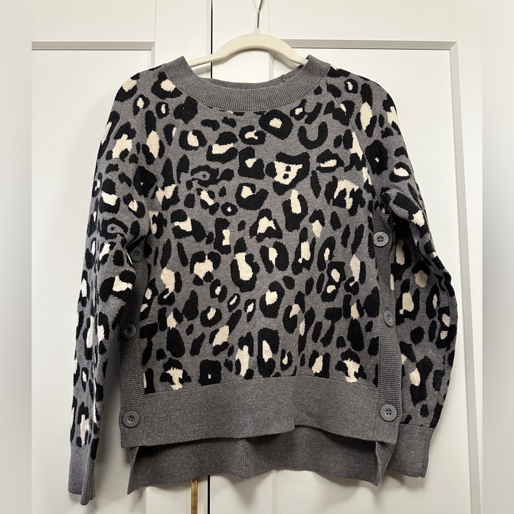 Stella & Dot Leopard Print Sweater – Cotton/Merino Wool, Button Sides